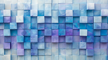 Blue and purple cubes over pale grey suggest a tranquil, evening skyscape.