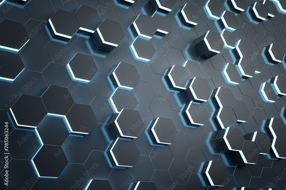 Poster creative dark hexagonal wall wallpaper. landing page concept. 3d rendering.