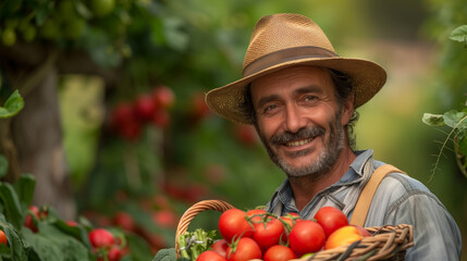 A man wearing a straw hat is smiling and holding a basket full of tomatoes. Concept of contentment, man is enjoying his time in the garden. rural producer with a basket of organic products in his hand