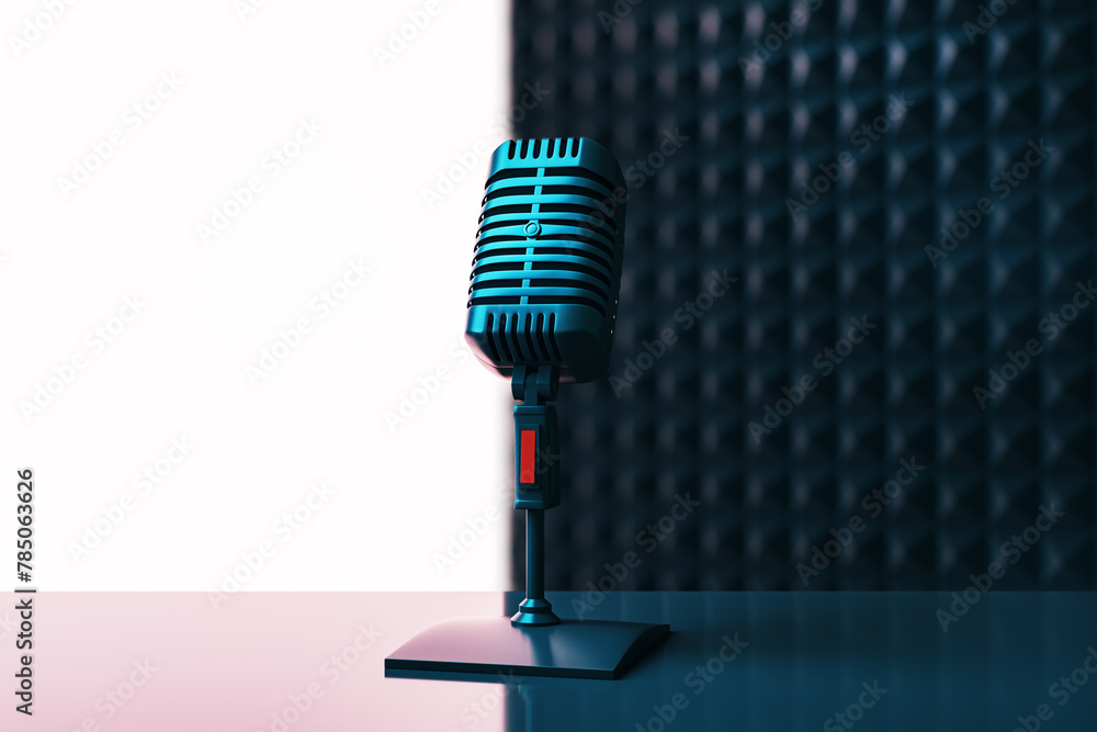 Poster Abstract image with mic and mock up place on blue backdrop. Podcast ad and voiceover concept. 3D Rendering.