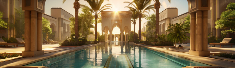 A serene luxurious pool reflecting the beauty of a majestic Moroccan architectural setting at sunset - obrazy, fototapety, plakaty