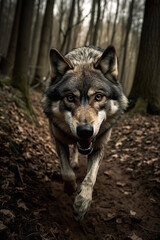 Running Wolf In The Forest Looks At The Camera And Is Ready To Attack - Generative AI