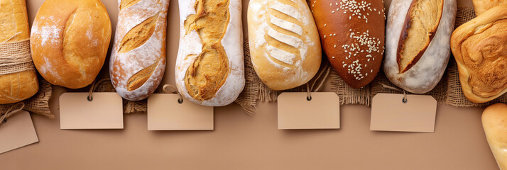 Freshly baked assorted bread loaves with blank tags displayed on a rustic cloth, invoking a sense of artisanal craftsmanship - obrazy, fototapety, plakaty