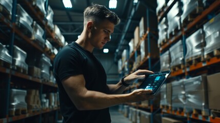 A Worker Using Tablet in Warehouse