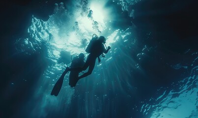 Naklejka na ściany i meble A breathtaking underwater shot of a scuba diver exploring the mysterious ocean depths, highlighting adventure and discovery