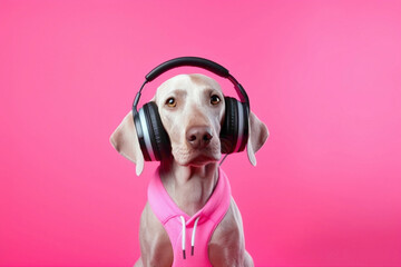 The sweetest dog, lost in the melody with headphones, dressed in a trendy outfit, and set against a...