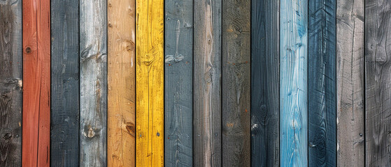 Colorful painted wooden wall made from thin plank. Natural looking grunge surface.
