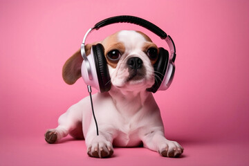 The most adorable dog in a stylish ensemble, listening to a catchy tune through headphones against...