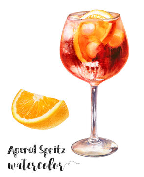 Watercolor illustration of Aperol spritz cocktail drink close up. Design template for packaging, menu, postcards.