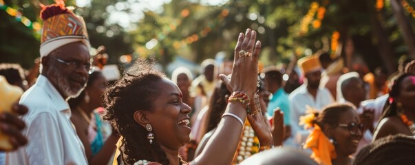 A woman in bright traditional Indian attire dances with joy among a crowd during a lively cultural festival celebration. - obrazy, fototapety, plakaty