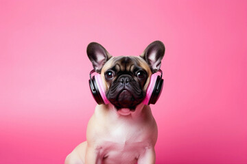 The most adorable dog in a stylish ensemble, listening to a catchy tune through headphones against...
