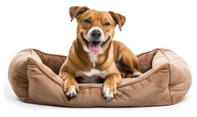 An adorable dog lies comfortably in a snug dog bed, emphasizing the pet's relaxation and comfort