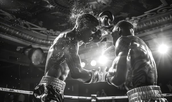Two boxers engage in an electrifying boxing match, their faces blurred, capturing the motion and ferocity of the sport.
