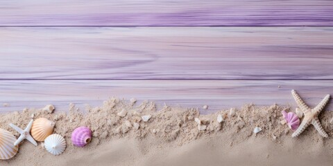 Fototapeta na wymiar Beach sand and violet wooden background with copy space for summer vacation concept, text on the right side