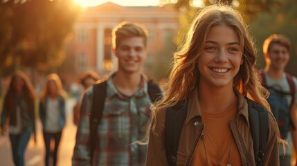 Cheerful Students Walking Together After School.