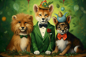 The fox, deer, and adorable puppy sharing smiles with the birthday lion, everyone dressed in fashionable outfits, against a cheerful green backdrop.  - obrazy, fototapety, plakaty