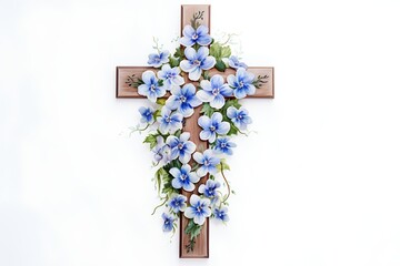 Wooden cross with blue flowers on white background. Easter concept.