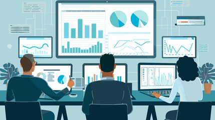 Business team analyzing financial data and investment reports on computer screens, monitoring performance metrics and KPIs for strategic marketing planning and business growth.