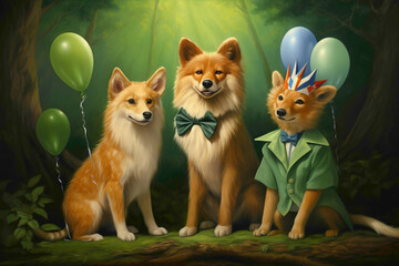 The fox, deer, and adorable puppy sharing smiles with the birthday lion, everyone dressed in fashionable outfits, against a cheerful green backdrop.  - obrazy, fototapety, plakaty
