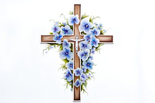 Cross with blue flowers on a white background. Illustration for Easter