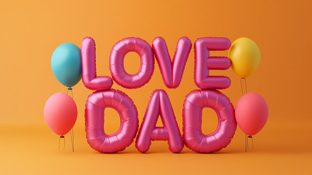 Balloons in bold colors curve to form "LOVE DAD", against a subtle isolated backdrop, minimalistic style with extensive copyspace, striking and creative