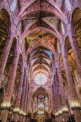 Massive cathedral church nave in Gothik historic old architecture style with domes, archs, columns,...