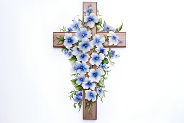 Wooden cross with blue flowers on white background. Christian concept.