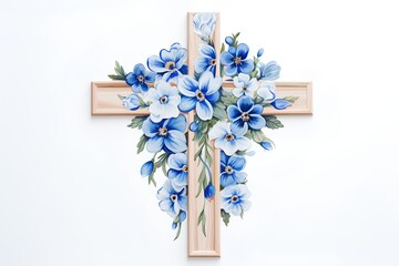 Wooden cross with blue flowers on white background. Vector illustration.