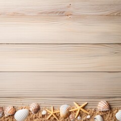 Beach sand and white wooden background with copy space for summer vacation concept, text on the right side