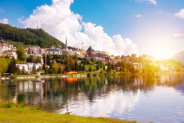 Beautiful mountain lake in summer in Swiss Alps