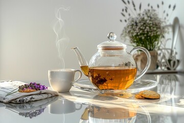 Glass teapot on white surface and white background