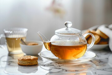 Glass teapot on white surface and white background