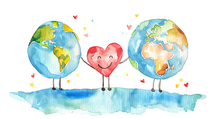 Cute watercolor globes holding hands around a heart, symbolizing international friendship - obrazy, fototapety, plakaty