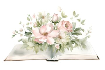 Beautiful watercolor illustration of an open book with flowers on a white background