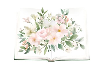 Watercolor illustration of an open book with flowers and leaves isolated on white background