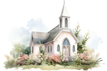 Watercolor church with flowers and grass. Hand drawn illustration isolated on white background.