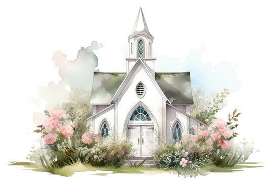 Watercolor church with flowers. Hand drawn illustration on white background.