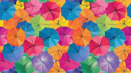 Seamless pattern background of Colorful Rainbow Umbrellas featuring a multitude of colorful umbrellas , evoking the whimsy and brightness of rainy day walks and city streets adorned with umbrellas