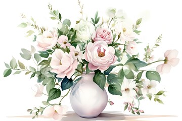 Beautiful watercolor bouquet of peonies and roses in a vase - obrazy, fototapety, plakaty