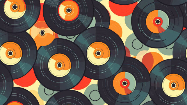 Seamless pattern background of Retro Vinyl Records featuring vintage vinyl records capturing the nostalgia and timeless appeal of classic vinyl records and the golden age of analog music
