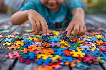 The child collects a colorful puzzle. Autism Recognition Day. The Art of Studying Autism