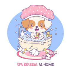 Cute cartoon dog wearing pink shower cap is sitting in sudsy bathtub is playing with yellow rubber duckies. Adorable kawaii pet character. Vector illustration. Funny spa retreat atmosphere at home.