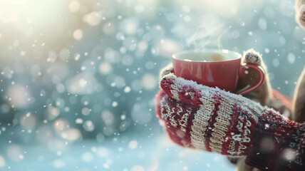 female hands in knitted mittens holding a steaming mug of hot coffee, surrounded by gently falling snow, serene winter landscape background, with copy space