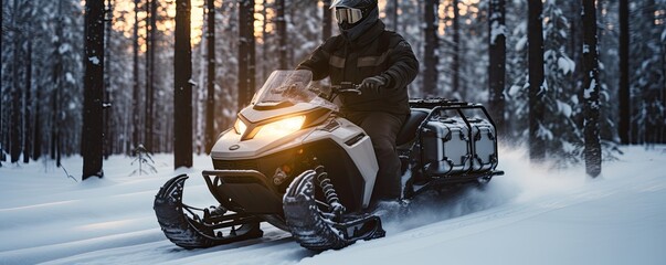 Snowmobile enthusiast racing across snowy terrain, experiencing the adrenaline rush of winter motorsport. - obrazy, fototapety, plakaty