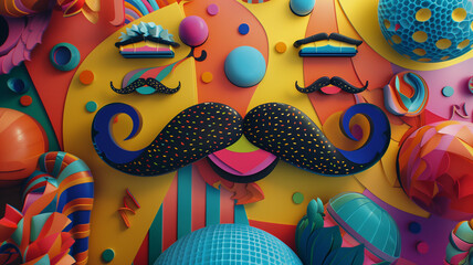 Overhead view, vibrant colors, playful mustache patterns, spacious design, 3D aesthetic