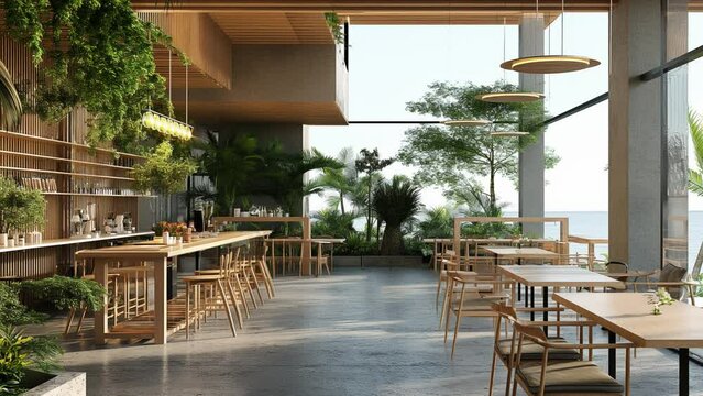 Sea view, modern wood interior cafe interior