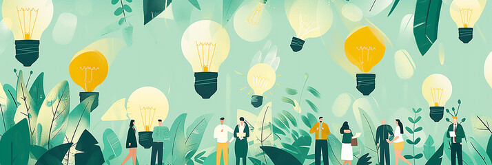 Illustration of a light bulb of an idea blooming from grass and flowers and business people.. - obrazy, fototapety, plakaty