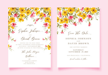 Beautiful wedding invitation with yellow and pink flowers on magenta background