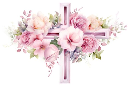 Beautiful vector image with nice watercolor christian cross and flowers