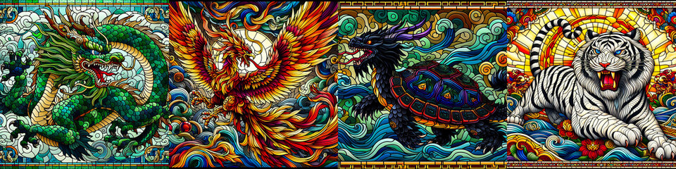 Celestial Guardians of the Four Directions: Green Dragon, Vermilion Bird, White Tiger, and Black Tortoise in Stained Glass.